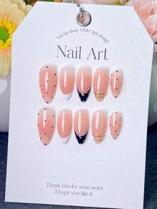 10 Peças Unhas Postiças Feitas à Mão, Unhas Falsas em Formato de Amêndoa Curta, Estilo Y2K com Bolinhas Pretas e Pontas Francesas Brancas Puras, Acentos de Linhas Finas Douradas em Camadas, Adequadas para Uso Diário e Ocasiões Casuais de Primavera - Preto - Visão 13