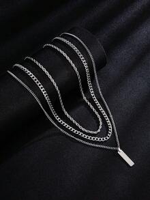Men's 3 PiecesLayered Necklace Set: Stylish Hip-Hop Style Stainless Steel Twisted Rope Chain & Cuban Chain With Rectangular Pendant - Multicolor - View 1