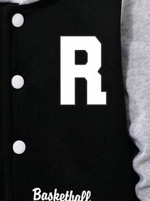 Young Boy Letter Print Colorblock Hoodie Jacket And Pants Casual Set - Black - View 3