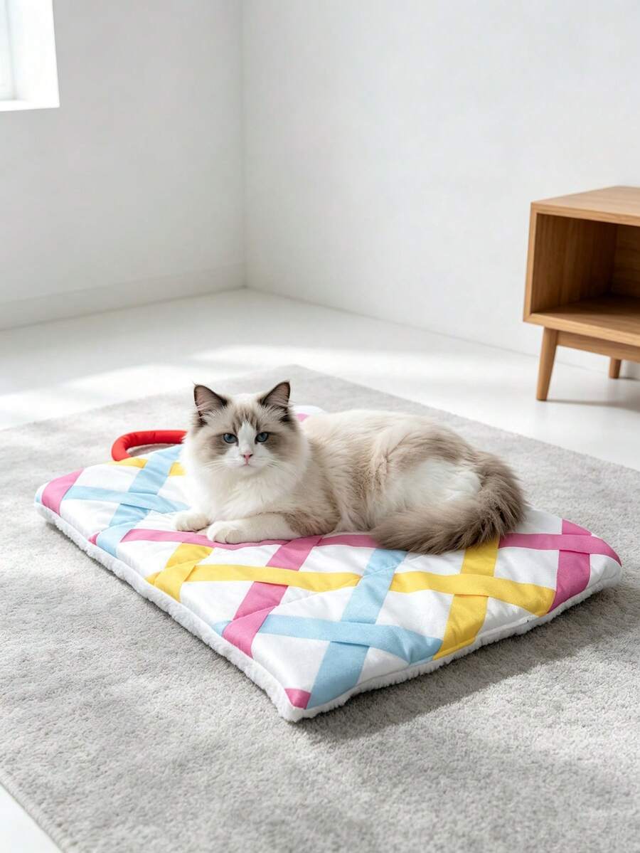1pc Rainbow Plaid Pattern Pet Bed Mat For Cats And Dogs, Double-Sided Use, Portable Cat Bed Mat, Suitable For Indoor Use, Machine Washable - Multicolor - View 1