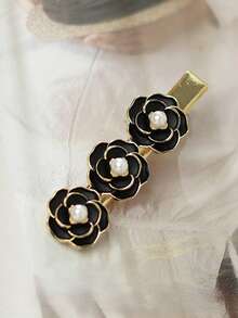 2pcs Vintage French Style Black Camellia Pearl Hair Clips For Women, Versatile Elegant Side-Sweep Straight Clip, Alligator Hair Clip For Loose Hair And Bangs - Hair Clip - View 7