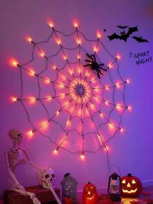 1pc Halloween Spider Web Light, Orange/Purple Realistic Spider Web Hanging Light, 70leds With Spider, Battery Operated, 8 Lighting Modes, Halloween Indoor Living Room Bedroom Wall Decoration Hanging Light, Yard And Porch Decoration, Create Halloween Party Spooky Atmosphere Decoration. - Multicolor - View 3