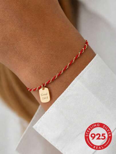 1 pieza Pulsera de plata de ley S925 con dije cuadrado de buena suerte estilo chino clásico rectangular para mujer, joyería de estilo chino nuevo versátil, elegante, minimalista y personalizada con cordón trenzado rojo, regalo festivo de vacaciones