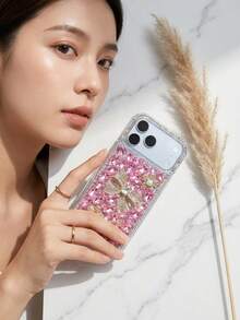1件裝奢華水鑽3D電鍍蝴蝶結珍珠花手機殼，全包覆設計，相容 iPhone 17/16/15/13 Pro Max、Galaxy S26/A56 和 15，優雅聖誕禮物，適合送給朋友、節日與週年紀念禮物 - 粉色 - 查看 11