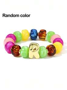 1pc Women's Rainbow Letter Beaded Bracelet, Colorful Resin Large Bead Elastic Bangle, A-Z English Letter Personalized Design, Stackable Fashion Accessory, Suitable For Daily Wear And Gifting - Multicolor - View 26