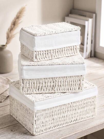 3pcs/Set(S+M+L)/1pc Bohemian Style Handmade Woven Storage Basket Set With Lid, Rustic Style Inner Lining Storage Tray, Suitable For Cosmetics, Keys And Snacks, Lightweight And Durable, Suitable For Desktop, Living Room, Bathroom, Bedroom, Kitchen, Home Decor And Gift Choice