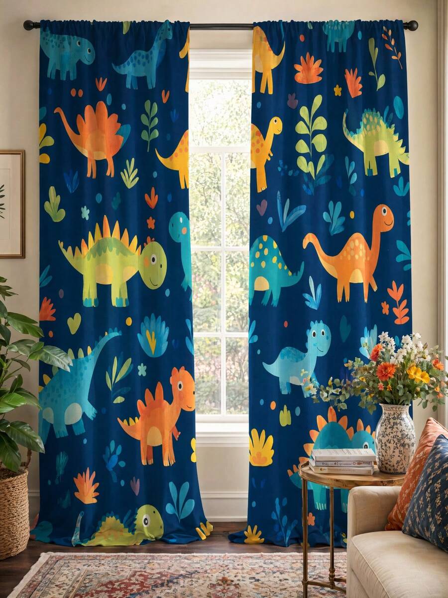 2pcs High Definition Digital Cute Cartoon Dinosaur Print Decorative Curtains, Polyester Material, Easy To Install, Rod Pocket Hanging, Semi-Transparent Privacy Protection, Machine Washable And Hand Washable, Suitable For Bedroom, Office, Kitchen, Living Room, Study, Home Decor. - Multicolor - View 1
