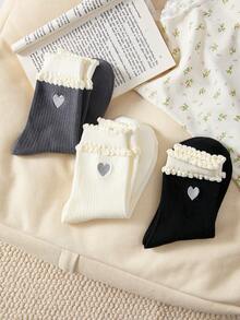 3 Pairs Women's Mid-Calf Socks With Bow And Heart Patterns, Vintage Style Ruffled Socks Suitable For All Seasons, Essential For Autumn, Winter - Multicolor - View 12