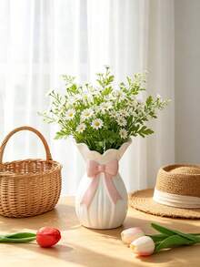 Elegant White Vase With Red Bow, Suitable For Hydrangea, Peony, Rose Bouquets, Modern Home Decor, Tabletop Centerpiece, Wedding Gift, Living Room Accent, Fashionable Style - Multicolor - View 2