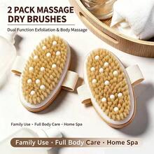 Boar Bristle Bath Brush Body Dry Brush Back Scrubber Body Scrubbing Massage Cleaning Brush - Champagne - View 2