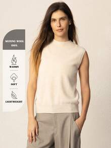 100% Pure Merino Wool Women's Vest, Stand Collar Sleeveless Knit Tank Top, Wool Base Layer Pullover, Basic Top, Women's Autumn Sweater Casual - Beige - View 5