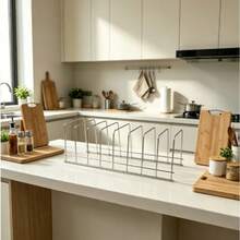 7-Slot Stainless Steel Pot Lid Organizer, Multi-Function Metal Storage Rack For Cutting Boards, Baking Molds And Kitchen Utensils, Space-Saving Draining Rack, Fits Cabinet Doors, Sinks, Countertops And Pantries, Practical Home Kitchen Storage Accessory - White - View 9