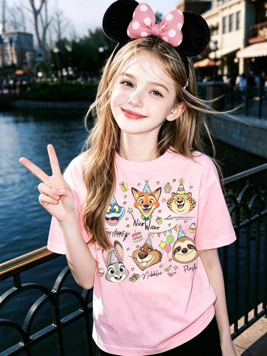 Zootopias Birthday Series Nick Wilson And Friends, A Cute, Fresh, And Stylish Girl's Round Neck T-Shirt Made Of 100% Pure Cotton. - 粉色 - 查看 1