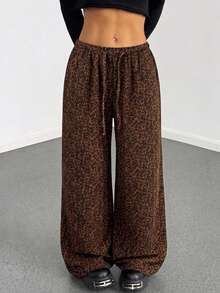 Women's Summer Lightweight Breathable Leopard Print Casual Pants, Elastic Waist Drawstring Loose Drape Lazy Bohemian Style Wide Leg Long Pants - Coffee Brown - View 2