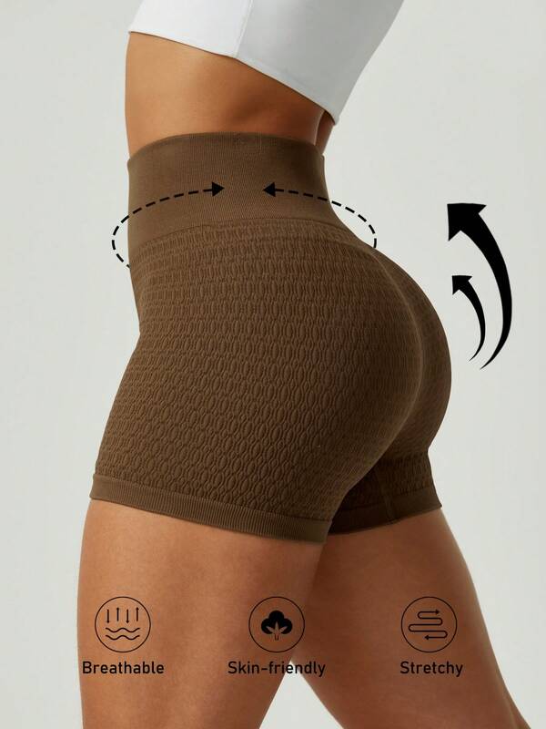 Women's Brown Versatile Sexy Butt-Lifting Fitness Pants, High-Waist Elastic Tummy Control Ribbed Sports Shorts, Solid Color Soft Comfortable Athletic Pants, Outdoor Fashion Running Pants, Suitable For Autumn/Winter Indoor Gym Use, Outdoor Tennis Pants, Golf Course, Running, Workout, Hiking, Women's Short Yoga Pants