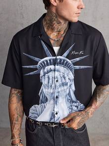 MAISONFOX Men's Streetwear Liberty Statue Printed Short Sleeve Shirt,Spring/Summer,Casual Versatile Daily Wear Short Sleeve Shirt, Streetwear Ready - Black - View 8