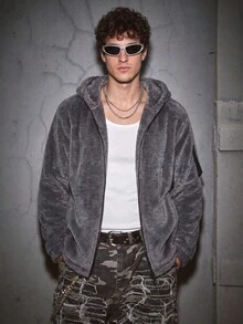 MAISONFOX Men's Solid Color Minimalist Reversible Fleece Hooded Casual Zip-Up Jacket, Autumn/Winter Double-Sided Lamb Fleece Lining Warm Coat - 深灰色 - 查看 11