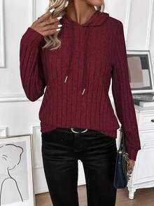 New Ribbed Hooded Knit Sweatshirt, Loose Fit Slimming Pullover, Autumn/Winter Commute Versatile Casual Sweatshirt For Women, Solid Color Hooded Sweatshirt - Burgundy - View 3