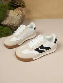 1 Pair Girls' Lace-Up Minimalist Flat Shoes, Dual-Color Sole, Casual Daily School Wear, All-Season - Beige - View 2