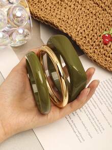 3pcs Olive Green Geometric Square Resin Bracelet Women Acrylic Alloy Round Bangle Set - Olive Green - View 2