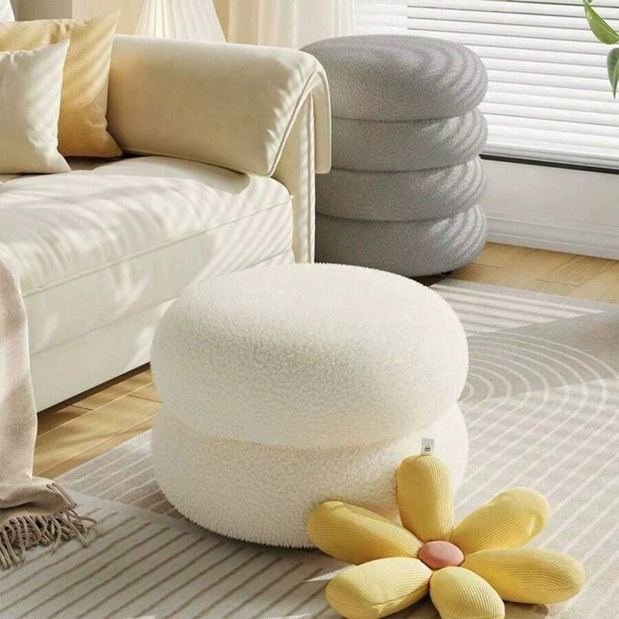 1pc Modern Round Donut Stool, Wool Fleece Covered Makeup Stool, Soft Filled Footstool Suitable For Living Room And Bedroom, Suitable For Birthday Gift, Party, Back To School, Home Decor
