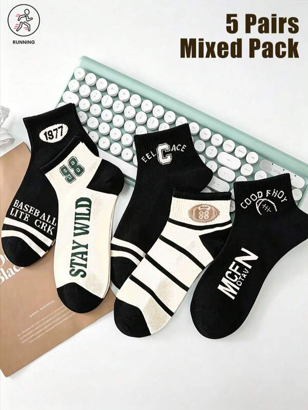 5 Pares de Meias Mistas Vintage com Estampa de Beisebol até a Panturrilha, Meias Casuais Versáteis de Estilo Universitário para Mulheres, Meias com Listras e Letras de Estilo Campus Americano de Rua
