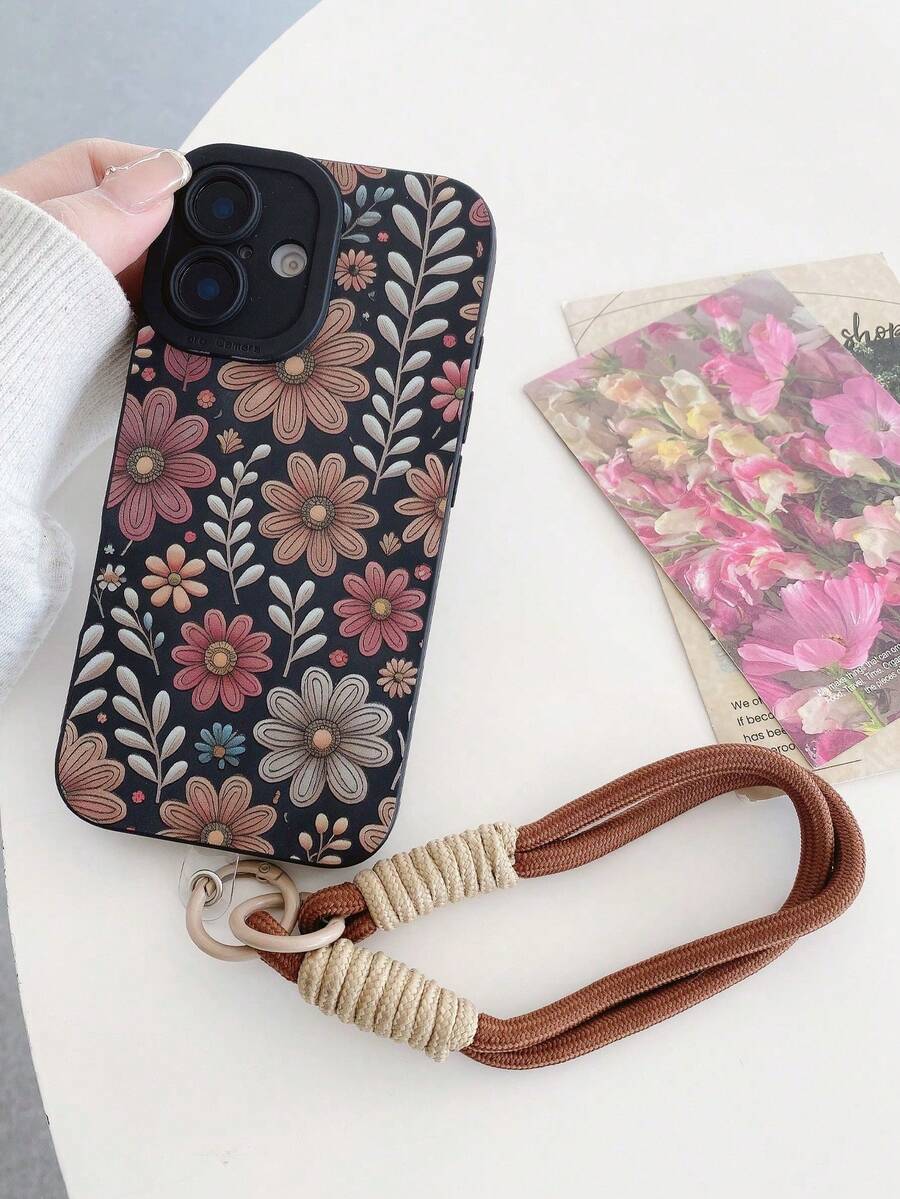 1pc Floral Pattern Phone Case With Camera Protection Design, Compatible With Apple 16E 11 Pro Max/12 Pro Max/13 Pro Max/14 Pro Max/15 Pro Max, Apple 16 Plus/16 Pro Max - 黑色 - 查看 1
