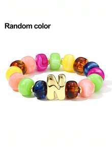 1pc Women's Rainbow Letter Beaded Bracelet, Colorful Resin Large Bead Elastic Bangle, A-Z English Letter Personalized Design, Stackable Fashion Accessory, Suitable For Daily Wear And Gifting - Multicolor - View 8