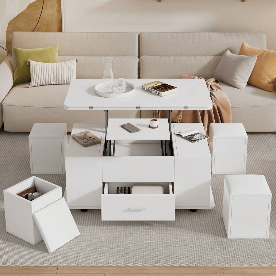Mesa Auxiliar Ajustable Altura, Mesa de Café Móvil, 4-en-1 Multifunción, Convertible en Mesa de - Blanco - Ver 1