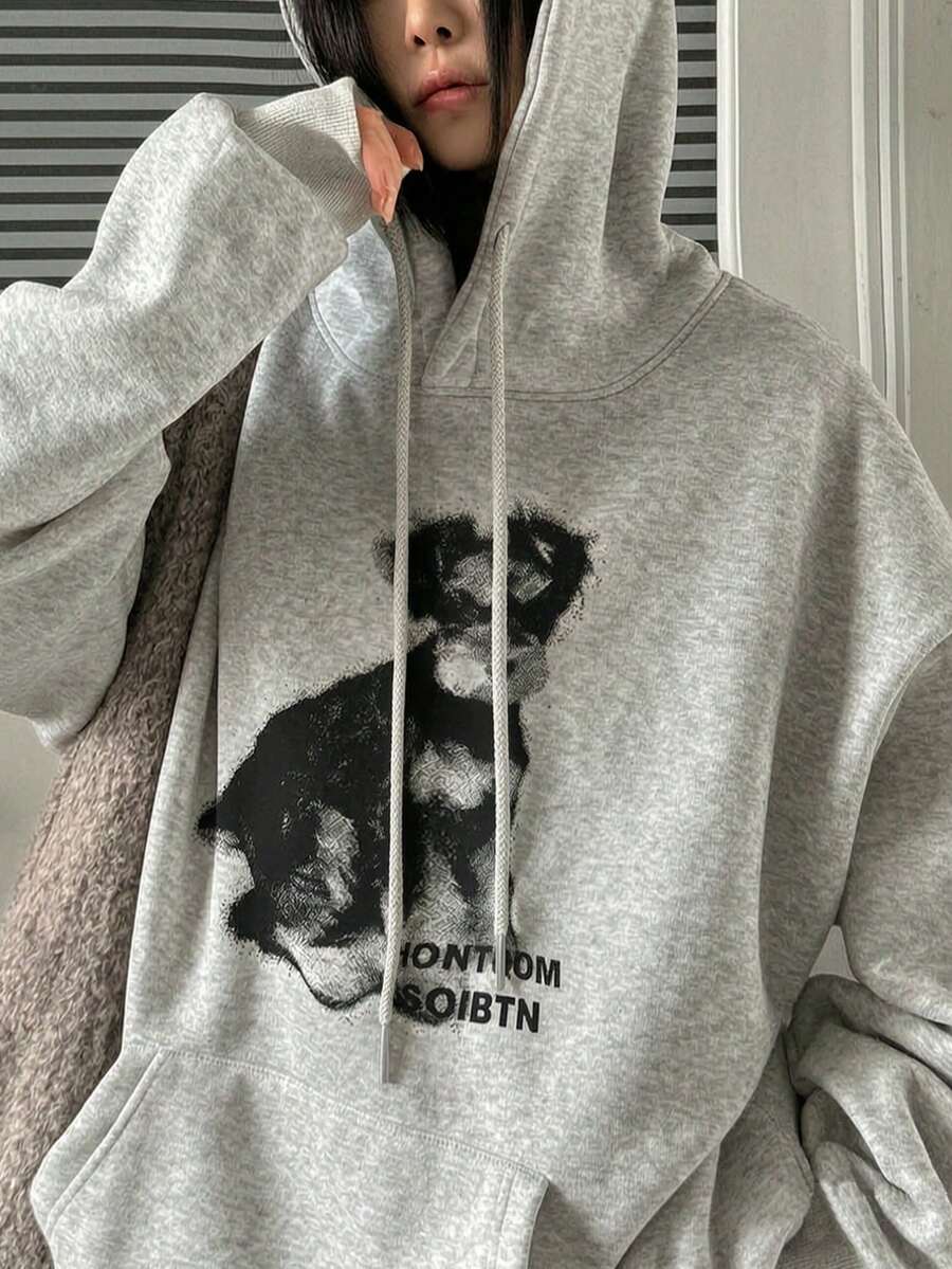 Women's Hooded Sweatshirt, New Autumn/Winter Puppy Pattern & Letter Print, Drawstring Design, With Pockets, Casual Versatile Loose Top, Fashionable Daily Wear - Dark Gray - View 1