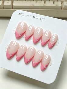10pcs Pure Handmade Almond Press On Nails, Gentle Sweet Daily Style, Pink French Tip & Tiny Pearl Embellishment Designs For Women And Girls, Spring Summer Fall Winter Festivals Party And Daily Life Use - Pink - View 2