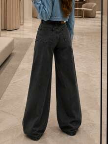 Premium Women's Wide Leg Jeans - 深色水洗藍 - 查看 3