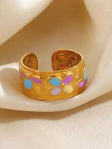 1/2pcs Stainless Steel Minimalist Fashion Colorful Oil Drop Butterfly Ring, Suitable For Women's Daily Wear And Shopping - Multicolor - View 5