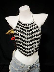 Women's Luxury Shiny Rhinestone Tassel Camisole See-Through Party Club Sexy Crop Top - Black - View 2