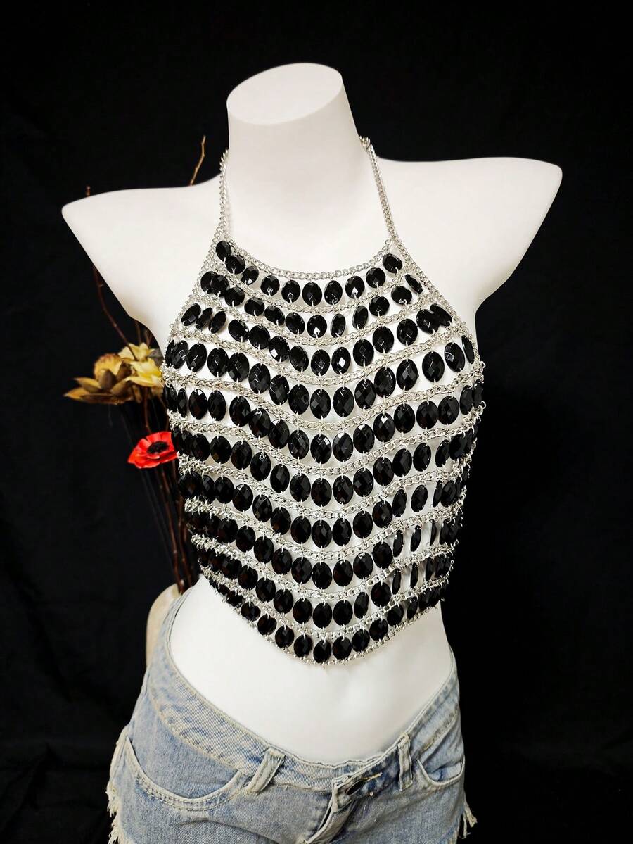 Women's Luxury Shiny Rhinestone Tassel Camisole See-Through Party Club Sexy Crop Top