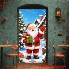 2D Flat 1 Christmas Themed Banner Background, Santa Claus Holding Gift Pattern, Paired With Christmas Tree, Snow Hut, Falling Snowflakes, Made Of Polyester Material, No Need For Power Supply, Convenient To Use - View 4