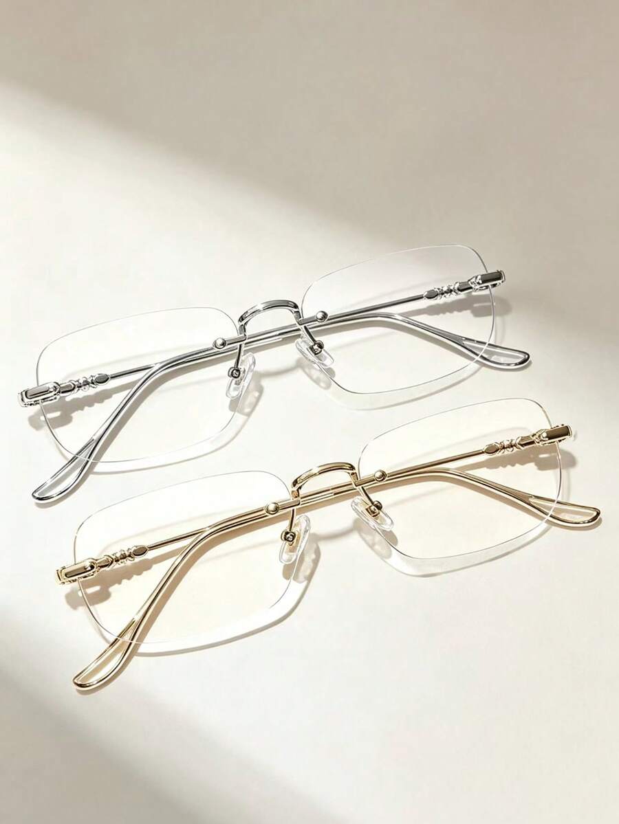 2Pcs Women Frameless Square Fashion Glasses,Gold Silver Metal Temples,Daily Office Commute,Study,Reading,Party,Vacation,Minimalist Eyewear Accessory