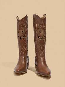Vintage Hollow Out Denim Boots Women 2026 Spring Autumn New Fashion Versatile Knee-High Slimming High Heel Tall Boots - Brown - View 2