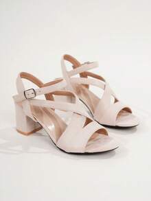 Spring/Summer Women Beige Chunky Heeled Sandals, Elegant Open Toe Ankle Strap Sandals - Apricot - View 10