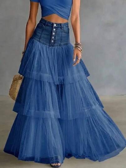 Falda larga combinada para mujer talle alto vaquero con botones frontales capas de tul transparente estilo boho voluminosa para verano y eventos varios tonos