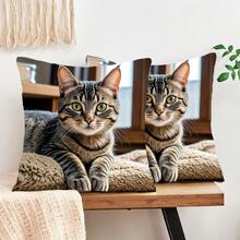 2 Stücke realistische Tiger-Tabby-Katzen-Kissenbezüge, hochauflösender Haustier-Katzen-Porträt-Muster, einseitiger 2D-Flachdruck, 45*45cm (18*18in), weiche und bequeme Polyester-Kissenbezüge, Reißverschluss, maschinenwaschbar, geeignet für Wohnzimmer, Schlafzimmer, Heimdekoration (nur Kissenbezüge, Innenkissen nicht enthalten) - Verschiedenfarbig - Übersicht 6