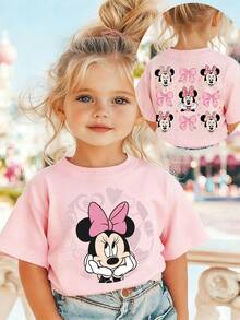 Mickey Mouse Minnies Mouse Girls Pink Bow 100% Cotton T-Shirt: Cute Fresh Round Neck Summer Tee For School, Vacation & Daily Wear. Perfect Gift! - 粉色 - 查看 1