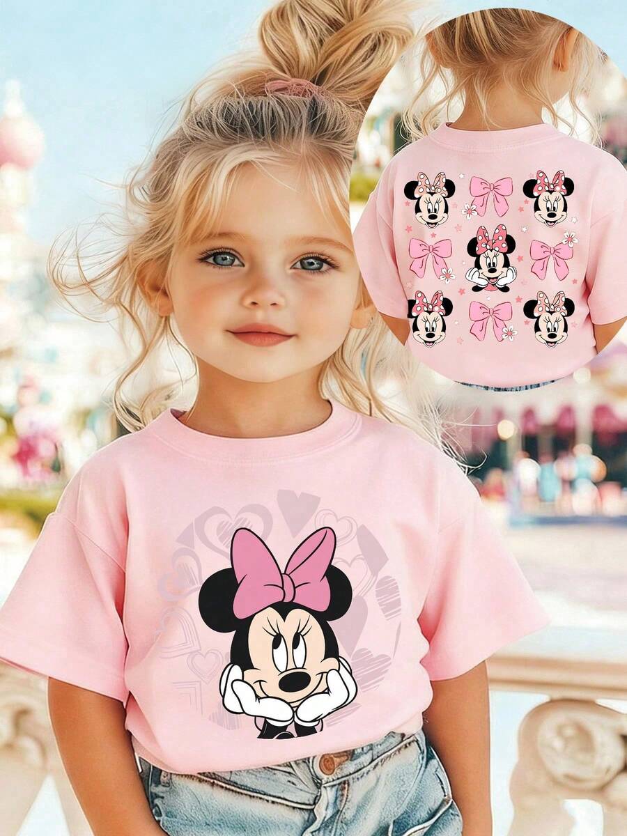 Mickey Mouse Minnies Mouse Girls Pink Bow 100% Cotton T-Shirt: Cute Fresh Round Neck Summer Tee For School, Vacation & Daily Wear. Perfect Gift! - 粉色 - 查看 1