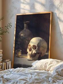 1pc Canvas Wall Art, Framed Wall Decor, Dark Academia Vintage Skull & Whiskey Bottle Still Life Oil Painting Canvas Wall Art, Gothic Gloomy Death Symbol Decor Painting, Suitable For Living Room, Bar, Study, Country Cottage Home Decor, Gift Option, Room Decor, Halloween Bedroom Decor, Home Decor, Horror Gothic Halloween Poster, Halloween Gift - Vintage Skull - View 6