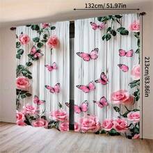 2pcs High Definition Digital Sweet Girl Style Pink Rose Butterfly Print Decorative Curtains, Polyester Material, Easy To Install, Rod Pocket Hanging, Semi-Transparent Privacy Protection, Machine Washable And Hand Washable, Suitable For Bedroom, Office, Kitchen, Living Room, Study, Home Decor. - Multicolor - View 13