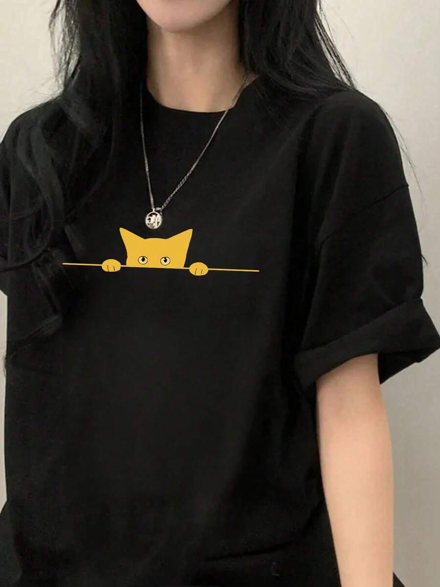 新款夏季 Y2K 女款貓咪印花圖案百搭休閒圓領短袖 T 恤 黑色 - 黑色 - 查看 1