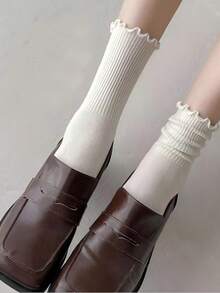 6 Pairs Women's Solid Color Ruffled Mid-Calf Socks, Simple Fashionable Multi-Functional Comfortable Soft, Suitable For Daily Wear, With Ruffles, Suitable For Spring, Autumn, Winter, Beautiful And Charming, Cute And Attractive, Ideal New Year Gift For Students, Friends, Lovers And Relatives, Also Perfect For Spring Outdoor Sports. - Multicolor - View 3