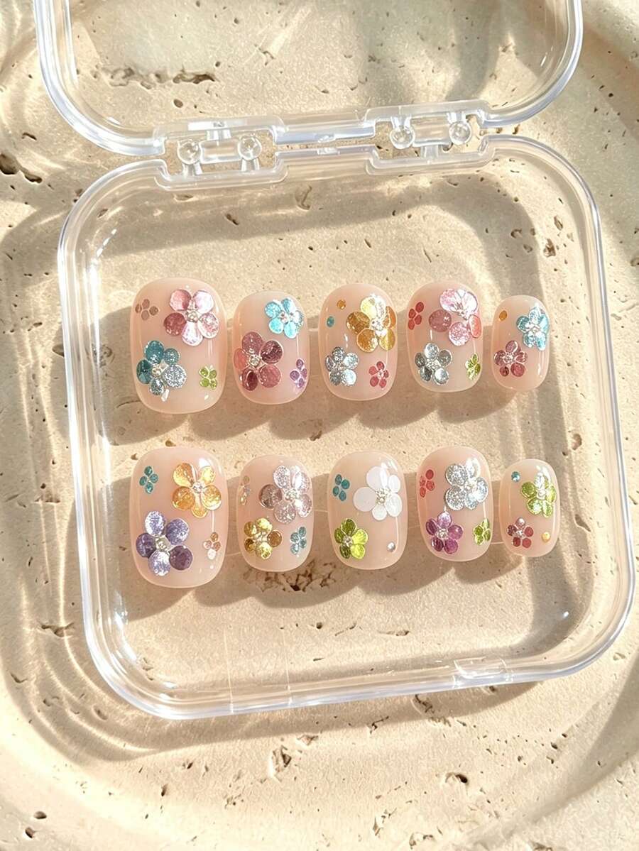 10件純手工短款穿戴甲,清新仙女溫柔風,彩色亮片花朵與閃粉花瓣設計,適合女性與女孩,適用春夏秋冬節慶派對與日常使用 - 彩色 - 查看 1