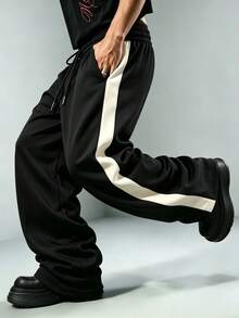 SU ER Men's Summer Casual Drawstring Elastic Waist Loose Drapey Lazy Wide Leg Long Pants - Black - View 2