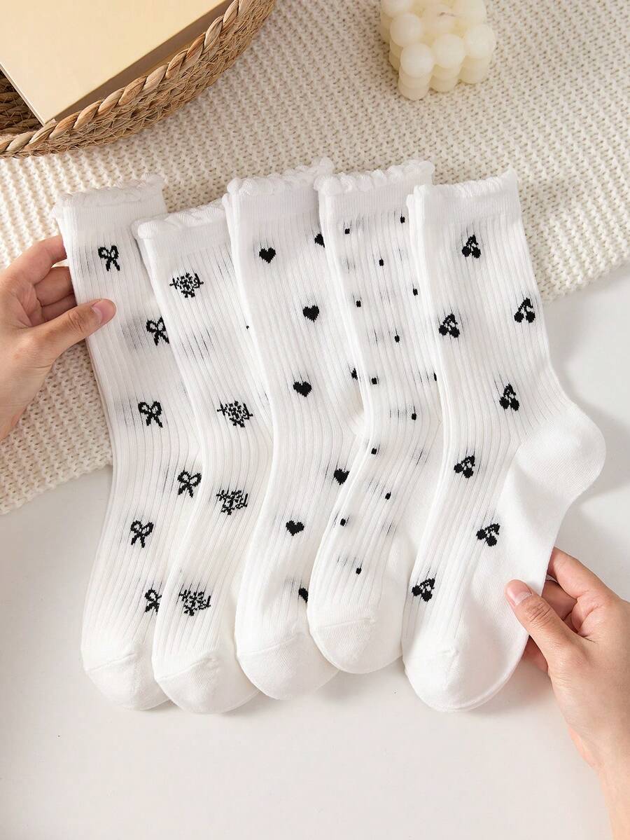 5 Pairs White Women's Mid-Calf Socks With Bow, Polka Dot, Cherry Patterns, Suitable For All Seasons - White - View 1